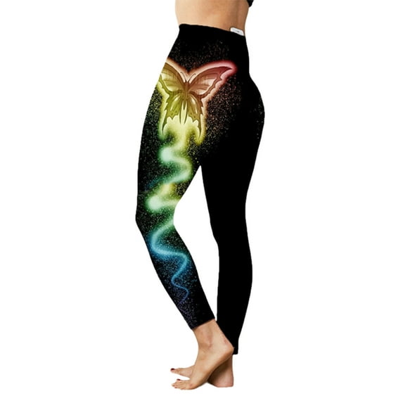 DYMADE Women Plus Size Butterfly Colorful Print High Waist Yoga Pants Cropped Pants Carpi Leggings