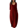 thumbnail image 1 of DYMADE Women Plus Size Casual Deep V Long Sleeve Pullover High Strecth Long Dress, 1 of 4