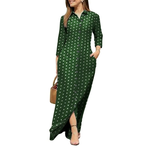 DYMADE Women Plus Size Casual Holiday Long Sleeve Lapel Long Dress
