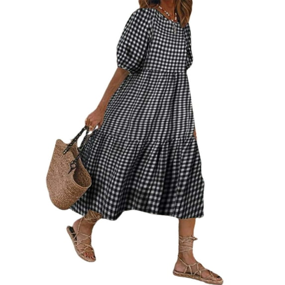 DYMADE Women Plus Size Check Floral Half Sleeve Loose Holiday Dress