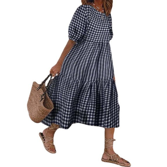 DYMADE Women Plus Size Check Floral Half Sleeve Loose Holiday Dress