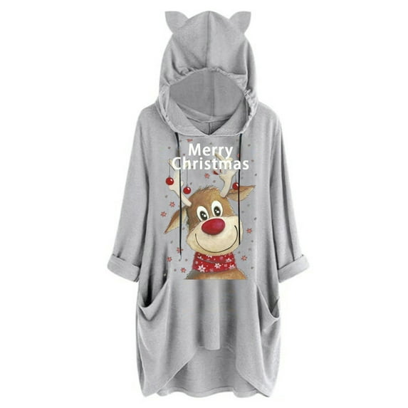 DYMADE Women Plus Size Christmas Long Sleeve Hooded Loose Cartoon Printed T-shirt Long Top