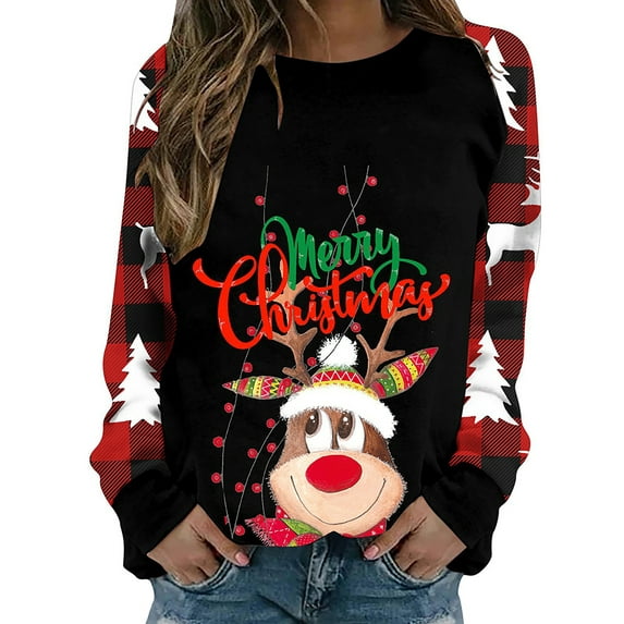 DYMADE Women Plus Size Christmas Print Crew Neck Long Sleeve Loose Casual T-shirt