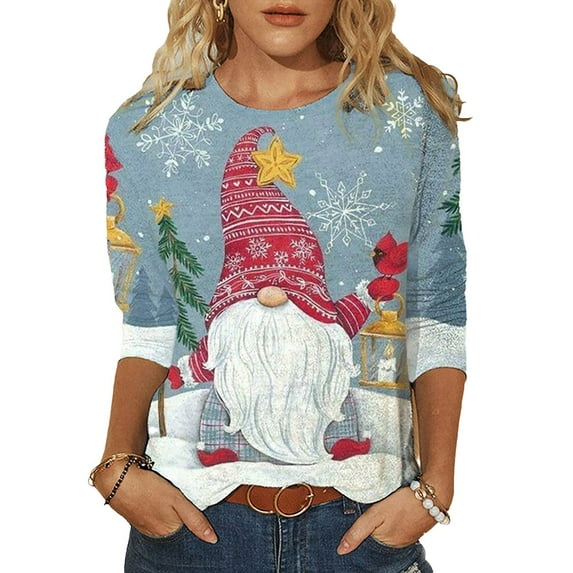 DYMADE Women Plus Size Christmas Printed Long Sleeved T-shirt Casual Slim Top