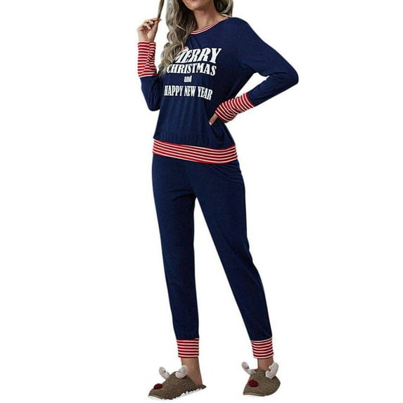 DYMADE Women Plus Size Christmas Printed Patchwork Housewear T-shirt Pants Suit