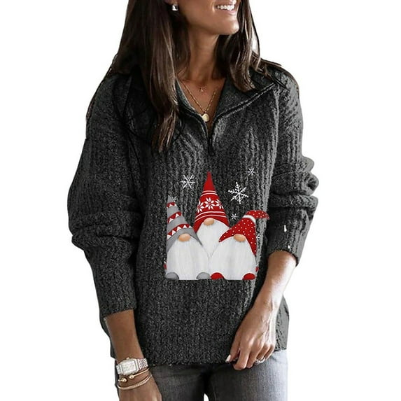 DYMADE Women Plus Size Christmas Printed Zipper Long Sleeve Knit Fabric Casual Top