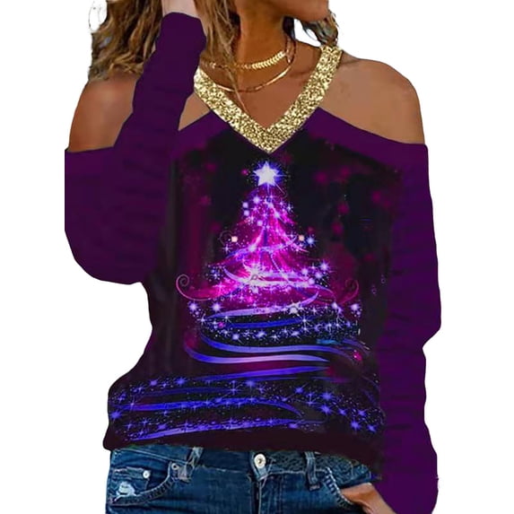 DYMADE Women Plus Size Christmas V-neck long Sleeve Sexy Cold Shoulder T-shirt