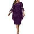 thumbnail image 1 of DYMADE Women Plus Size Crew Neck Floral Printed 3/4 Flared Sleeve Knee Length Elegant Jumper Dress, 1 of 4