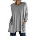 thumbnail image 1 of DYMADE Women Plus Size Crew Neck Long Sleeve Loose Pockets Solid T-shirt Casual Top, 1 of 4