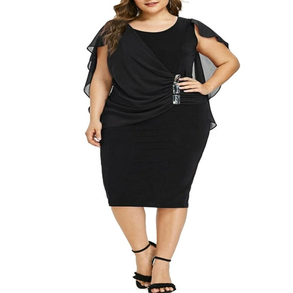 DYMADE Women Plus Size Crew Neck Short Sleeve Chiffon Knee Length Tropical Dress