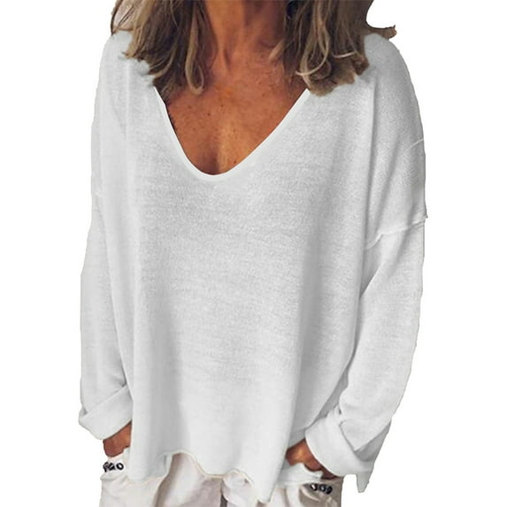 DYMADE Women Plus Size Deep U-neck Solid Color Long Sleeve T-shirt Top