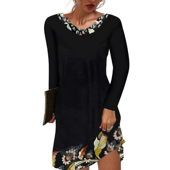 DYMADE Womens Long Sleeve Round Neck Floral Print Holiday Swing Dress