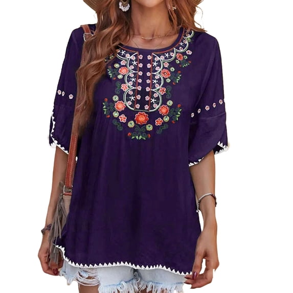 DYMADE Women Plus Size Ethnic Style Printed Round Neck Short Sleeved T-shirt Top