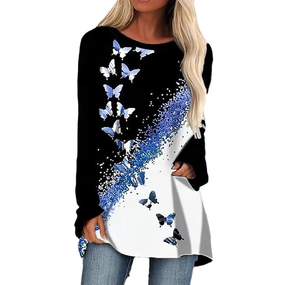 DYMADE Women Plus Size Fall Loose Crew Neck Print Pullover Long Sleeve T-Shirt Casual Top