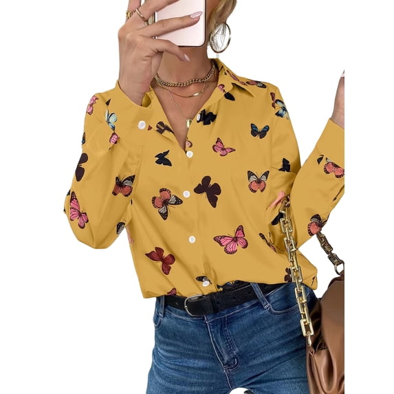 DYMADE Women Plus Size Fashion Butterfly Printed Long Sleeve Blouse Top