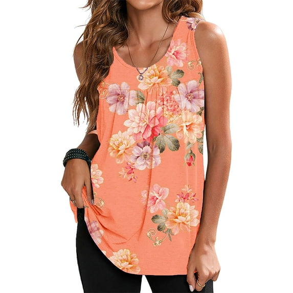 DYMADE Women Plus Size Floral Printed Sleeveless Pleated Casual Loose Tank Top T-Shirt