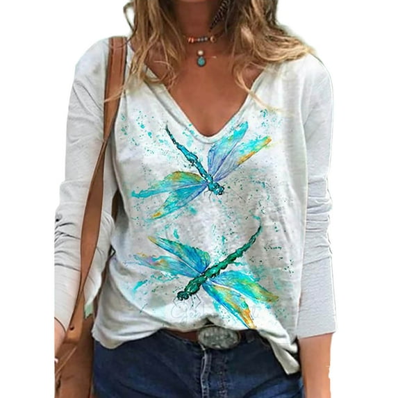DYMADE Women Plus Size Floral Printing Long Sleeve V-neck Casual T-shirt Top