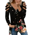 thumbnail image 1 of DYMADE Women Plus Size Floral V-neck Zipper Off Shoulder Long Sleeve Casual T-shirt, 1 of 4