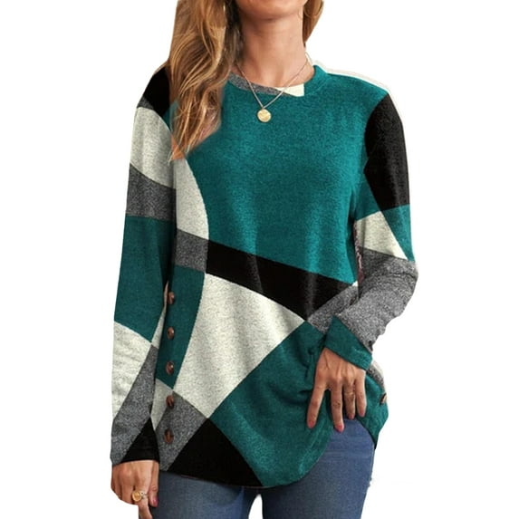 DYMADE Women Plus Size Geometric Long Sleeve Printed Loose T-shirt