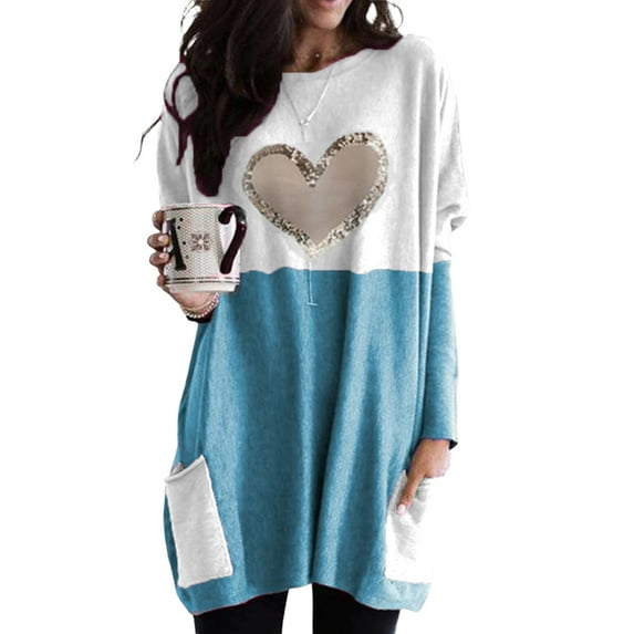 DYMADE Women Plus Size Heart Printed Round Neck Loose Color Splicing Long Sleeve T-shirt