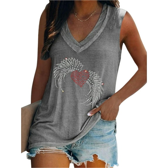 DYMADE Women Plus Size Hot Drill Solid Color Tank Sleeveless V-neck Vest Top