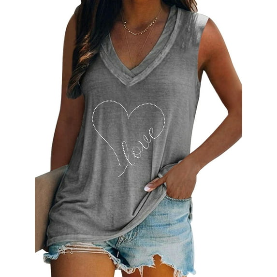 DYMADE Women Plus Size Hot Drill Tank Solid Color Sleeveless Loose V-neck Vest Top