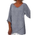 thumbnail image 1 of DYMADE Women Plus Size Irregular Hem Solid Color Casual V-Neck Cotton Linen Top, 1 of 4