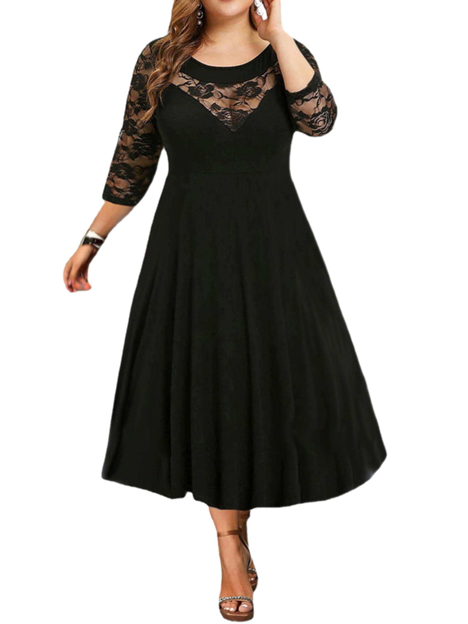 DYMADE Women Plus Size Lace Panel 3/4 Sleeve Solid Elegant Midi A-line Dress  - Walmart.com