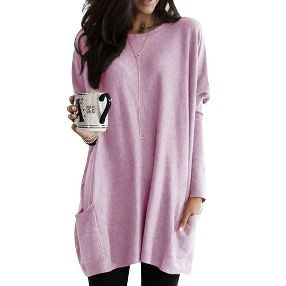 DYMADE Women Plus Size Long Sleeve Solid Crew Neck Pocket T-shirt Casual Top