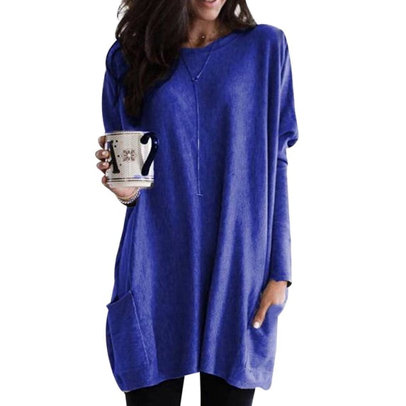 DYMADE Women's Long Sleeve Round Neck Stitching Ribbed Cuffs Patch Pockets Tunic Blouse Plus Size S-5XL