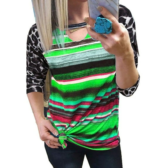 DYMADE Women Plus Size Loose Multicolor Stripe Splice Leopard Print Long Sleeve T-shirt Top