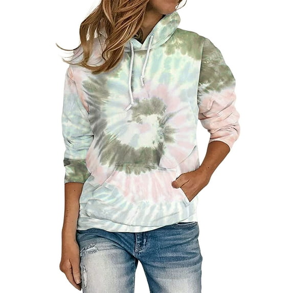 DYMADE Women Plus Size Loose Tie Dye Printed Hooded Long Sleeve Sweater Casual Top