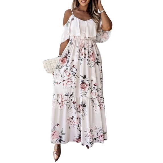 DYMADE Women Plus Size Off Shoulder Suspender Short Sleeve Printed Long Dress