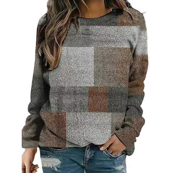 DYMADE Women Plus Size Plaid Loose Print Long Sleeve Round Neck T-Shirt Top