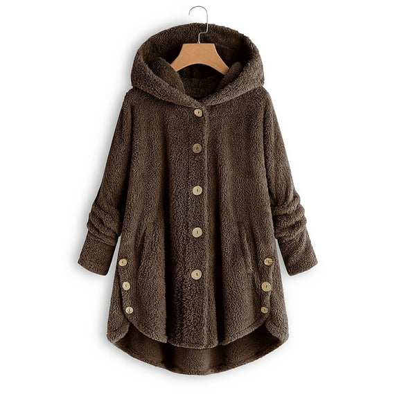 DYMADE Women Plus Size Plush Hooded Irregular Long Sleeve Single Breasted Mid-Length Coat