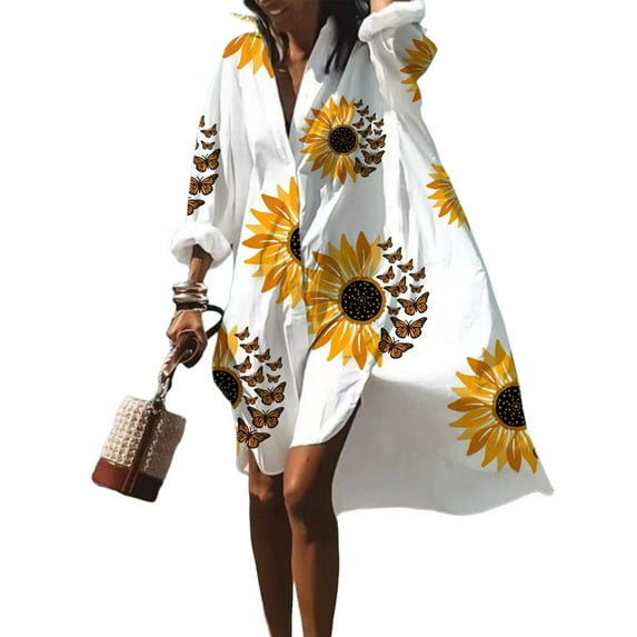 DYMADE Women Plus Size Printed Long Sleeve Lapel Holiday Shirt Dress