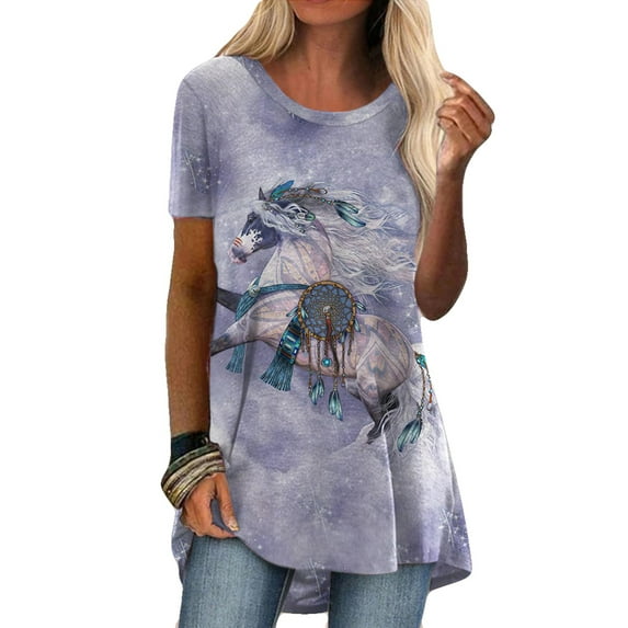 DYMADE Women Plus Size Round Neck Casual Ethnic Style Printed Short Sleeve T-shirt Top