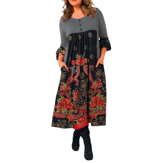 DYMADE Women Plus Size Round Neck Pullover Ethnic Style Vintage Printed Dress