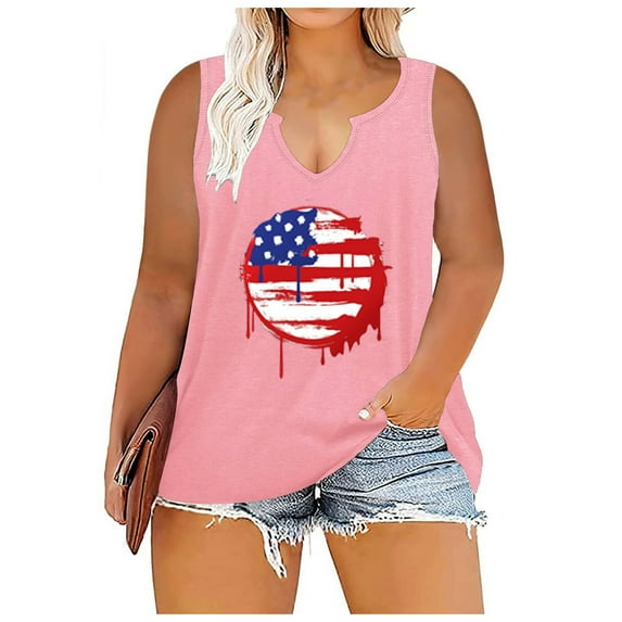 DYMADE Women Plus Size Sleeveless Patriotic Print Straight Tank Tops