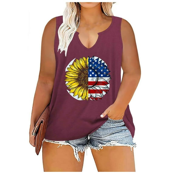 DYMADE Women Plus Size Sleeveless Patriotic Print Straight Tank Tops
