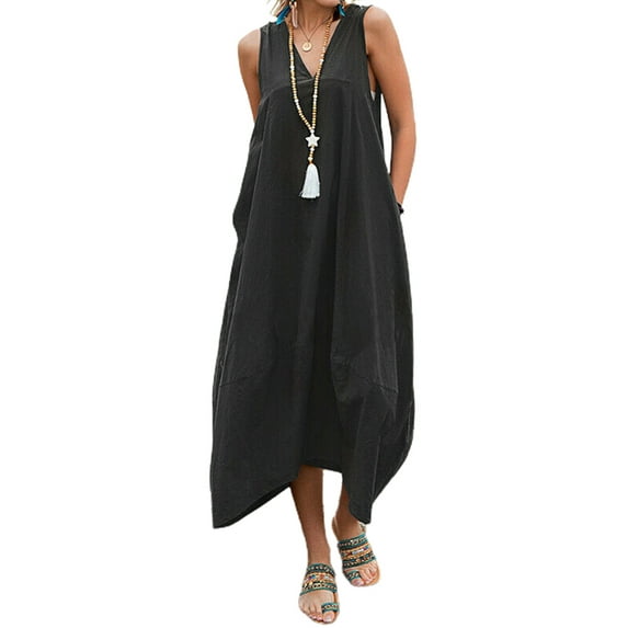 DYMADE Women Plus Size Solid Color Pockets Backless Casual Beach Sleeveless A-Line Dress