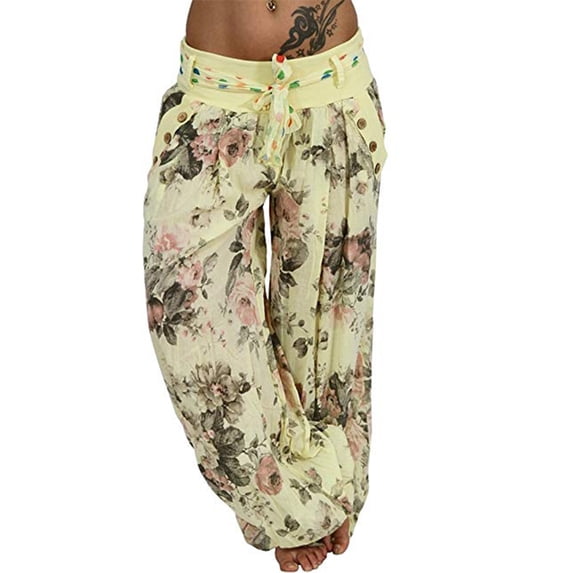 DYMADE Women Plus Size Solid Color Printed Long Wide Leg Harlan Belt Casual Pants