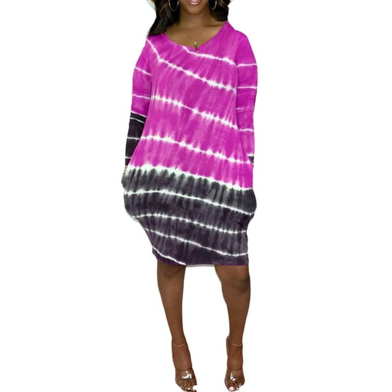 DYMADE Women Plus Size Tie Dye Printing Loose Long Sleeve Stripe Dress