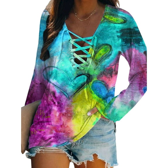 DYMADE Women Plus Size Tie Dyed Long Sleeve V-neck T-shirt Top