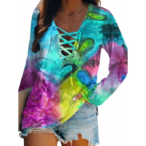 DYMADE Women Plus Size Tie Dyed Long Sleeve V-neck T-shirt Top