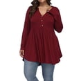 thumbnail image 1 of Cilcicy Women Plus Size V-Neck Button Pleated Solid Long Sleeve T-Shirt, 1 of 4