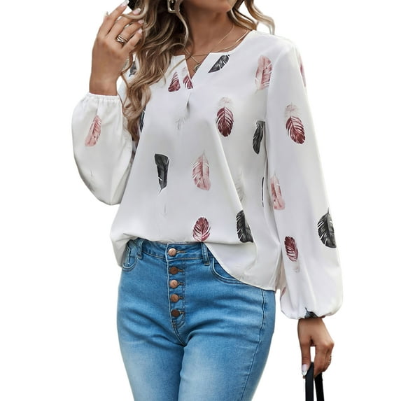 DYMADE Women Plus Size V-Neck Feather Print Long Sleeve Loose Blouse Top