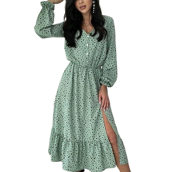 DYMADE Women Plus Size V-neck Fashion Casual Polka Dot Long Sleeve Dress