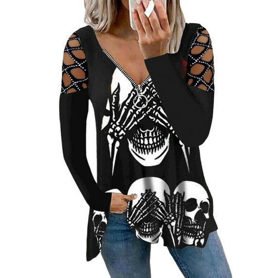 DYMADE Women Plus Size V-neck Hot Drill Long Sleeve Loose T-shirt Top