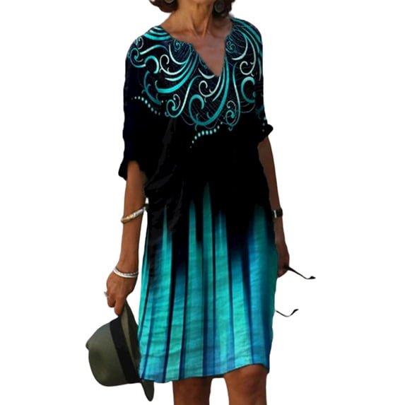 DYMADE Women Plus Size V-neck Short Sleeve Printed Casual Holiday Loose Dress